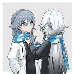  2girls alternate_costume black_coat black_hair black_nails black_pants black_shirt blue_eyes blue_hair blue_scarf border casual closed_eyes closed_mouth coat enpera fu_hua fu_hua_(herrscher_of_sentience) fu_hua_(turn_up_the_music!)_(herrscher_of_sentience) grey_hair hair_between_eyes hands_in_pockets highres honkai_(series) honkai_impact_3rd long_hair long_sleeves looking_at_another multicolored_hair multiple_girls nail_polish official_alternate_costume pants rafaelaaa scarf shirt streaked_hair upper_body white_border white_coat white_hair winter_clothes winter_coat 