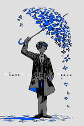  1boy absurdres aozukikawasemi arm_up blue_theme closed_eyes commentary_request facing_viewer flower flower_umbrella grin highres holding holding_umbrella long_sleeves male_focus monochrome original pants romaji_text shadow short_hair simple_background smile solo spot_color standing umbrella white_background 