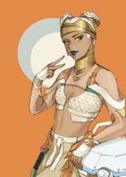  absurdres apex_legends blue_lips braid braided_bun breasts brown_eyes brown_eyeshadow cleavage d.o.c._health_drone dark-skinned_female dark_skin double_bun female fingerless_gloves gloves gold_headband hair_bun highres leaning_back lifeline_(apex_legends) official_alternate_costume orange_background pants parted_lips pasojo platinum_blonde_hair robot shrug_(clothing) solo v white_gloves worlds_apart_lifeline yellow_pants 