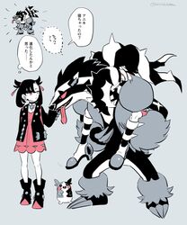  1boy ankle_boots asymmetrical_bangs black_choker black_footwear black_hair black_jacket boots brother_and_sister choker commentary dress female grey_background hair_ribbon jacket knees long_hair marnie_(pokemon) morpeko morpeko_(full) multicolored_hair obstagoon ohhhhhhtsu open_clothes open_jacket petting piers_(pokemon) pink_dress pink_eyes pokemon pokemon_(creature) pokemon_swsh ribbon siblings simple_background speech_bubble standing thought_bubble translation_request two-tone_hair white_hair 