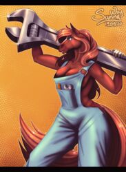  2020 adjustable_wrench anthro blue_eyes breasts brown_body brown_hair clothing curvy_figure digital_drawing_(artwork) digital_media_(artwork) equid equine female hair hi_res holding_object horse mammal overalls pinup plumber pose poster rainstorm_(marefurryfan) smile solo sunny_way teeth tools wrench 