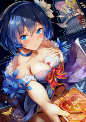  2020 3girls ahoge around_corner asc11 bare_shoulders between_breasts blue_choker blue_dress blue_eyes blue_flower blue_hair blush bow box breasts bronya_zaychik bug butterfly chocolate choker cleavage commentary_request dress dress_bow flower from_above gift gift_box grey_hair hairbow hand_on_own_chest highres holding holding_gift homu_(honkai_impact) honkai_(series) honkai_impact_3rd incoming_gift looking_at_viewer love_letter medium_breasts multiple_girls peeping pov red_eyes red_hair seele_(alter_ego) seele_vollerei solo_focus strapless strapless_dress tearing_up thumbs_up valentine 