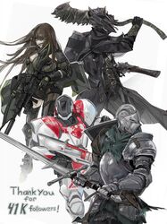  3others ambiguous_gender antique_firearm armor ashen_one_(dark_souls_3) assault_rifle bloodborne capelet cloak coat crossover dark_souls_(series) dark_souls_iii destiny_(game) dual_wielding female fingerless_gloves firelock flashlight flintlock from_software girls&#039;_frontline gloves grip gun hat highres holding holding_gun holding_sword holding_weapon hunter_(bloodborne) knight m4_carbine m4a1_(girls&#039;_frontline) m4a1_(mod3)_(girls&#039;_frontline) mask mouth_mask multiple_others nslacka rifle saw saw_cleaver scope skull_mask suppressor sword tactical_clothes titan_(destiny) tricorne trigger_discipline two-handed_sword weapon 