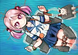  badge belt blush brown_belt button_badge collarbone covered_nipples eyelashes female kantai_collection lying lying_on_water miniskirt on_back pink_eyes pink_hair pleated_skirt rabbit sazanami_(kancolle) school_uniform see-through serafuku short_twintails skirt smile solo soxy thigh_belt thigh_strap twintails water wet white_rabbit_(animal) 