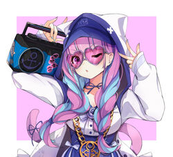  bad_id bad_pixiv_id baseball_cap blue_hair blue_hat blue_nails blue_skirt boombox braid breasts cat_girl cat_tail chains female gold_chain hat hat_under_hood heart heart-shaped_eyewear high-waist_skirt highres hip_hop holding holding_boombox hololive hood hood_up hoodie long_hair medium_breasts minato_aqua minato_aqua_(sailor) multicolored_hair official_alternate_costume purple_eyes purple_hair skirt solo sunglasses suzushika_(13_96) tail twin_braids two-tone_hair v v-shaped_eyebrows virtual_youtuber white_hoodie 