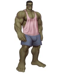  1boy bulge clothed drawnpr0n green-skinned_male green_skin hulk hulk_(series) looking_at_viewer male male_only marvel marvel_cinematic_universe marvel_comics mature mature_male muscular muscular_male professor_hulk smooth_chest solo solo_male superhero 