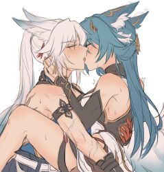  2girls animal_ear_fluff animal_ears bare_shoulders blush chinese_clothes closed_eyes earrings feixiao_(honkai:_star_rail) forehead_jewel fox_ears fox_girl fox_tail french_kiss gloves green_eyes green_hair grey_hair hair_ornament hairclip half-closed_eyes high_ponytail highres holding honkai:_star_rail honkai_(series) jewelry kissing long_hair multiple_girls multiple_scars parted_bangs ponytail saliva scar simple_background sweat tail thighs tongue tongue_out white_background white_hair yukong_(honkai:_star_rail) yurenn yuri 