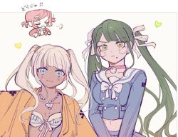  3girls alternate_hairstyle bell bow bowtie chabashira_tenko choker closed_mouth collarbone danganronpa_(series) danganronpa_v3:_killing_harmony dark-skinned_female dark_skin flat_chest green_eyes green_hair hair_ribbon heart highres jacket jewelry long_hair midriff mole mole_under_mouth morning_(d0nteat) multiple_girls navel neck_bell necklace open_clothes open_jacket pink_choker ribbon shell shell_necklace smile stomach twintails upper_body white_background white_bow white_bowtie white_ribbon yonaga_angie yumeno_himiko 