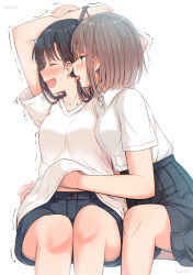  2girls absurdres arms_up artist_name betock black_hair black_skirt blue_shorts blush bound bound_wrists breasts brown_hair closed_eyes collarbone collared_shirt commentary_request dress_shirt ear_blush green_eyes hand_under_clothes hand_under_shirt highres invisible_chair licking licking_another&#039;s_neck long_hair medium_breasts multiple_girls open_mouth original pleated_skirt school_uniform shirt shirt_tucked_in short_hair short_sleeves shorts sidelocks simple_background sitting skirt tearing_up tongue tongue_out trembling white_background white_shirt yuri 