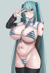  absurdres aqua_bikini aqua_eyes aqua_hair aqua_nails aqua_necktie aqua_trim between_breasts bikini black_sleeves black_thighhighs breasts detached_sleeves female hatsune_miku headset highleg highleg_bikini highres horizontal-striped_bikini huge_breasts long_hair meme_attire micro_bikini miku_collar_bikini navel necktie necktie_between_breasts number_tattoo solo standing striped_bikini striped_clothes swimsuit tattoo tf_cafe thighhighs twintails very_long_hair vocaloid 