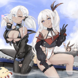  4girls :d :q ;) animal_ears azur_lane bare_legs bare_shoulders between_legs bikini bikini_under_clothes black_bikini black_gloves blue_eyes blush breasts brown_hair buttons commentary_request covered_navel crop_top cross dark-skinned_female dark_skin day diving_suit double-breasted fingerless_gloves fish_hair_ornament gloves hair_between_eyes hair_ornament hair_ribbon hand_between_legs hand_on_own_thigh hand_up heart herring_(azur_lane) hip_focus i-26_(azur_lane) iron_cross knee_up large_breasts leaning_forward long_hair long_sleeves looking_at_viewer medium_hair multiple_girls mumei_shumi off-shoulder_shirt off_shoulder one_eye_closed outdoors partially_unzipped purple_eyes rabbit_ears rabbit_girl ribbon shirt side_ponytail sitting skin_tight skindentation small_breasts smile striped_ribbon sunlight swimsuit thigh_strap thighs tongue tongue_out u-110_(azur_lane) u-31_(azur_lane) v very_long_hair waving white_hair 