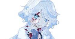  ahoge blood blood_on_face blue_eyes blue_hair closed_mouth female focalors_(genshin_impact) genshin_impact gloves hair_between_eyes hand_on_own_cheek hand_on_own_face light_blue_hair long_hair long_sleeves looking_at_viewer mismatched_pupils multicolored_hair nanakawa_(sep_by_hymns) short_hair simple_background smile solo streaked_hair symbol-shaped_pupils upper_body white_background white_hair 