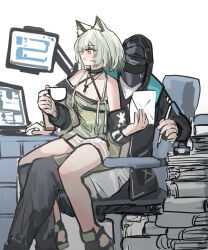  1other animal_ear_fluff animal_ears arknights bare_shoulders black_jacket cat_ears cup doctor_(arknights) dress feet_out_of_frame female green_dress green_eyes grey_hair highres holding holding_cup holding_letter hood hood_up hooded_coat hooded_jacket jacket kal&#039;tsit_(arknights) letter long_sleeves off-shoulder_dress off-shoulder_jacket off_shoulder open_clothes shirt short_hair sitting sitting_on_lap sitting_on_person whate=3r 