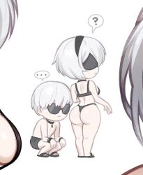  1boy 2b_(nier:automata) 9s_(nier:automata) android ass bikini blushyspicy cropped female nier:automata nier_(series) standing sunglasses swimsuit topless_male white_hair 