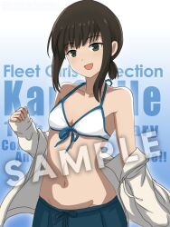  bikini black_hair blue_background blue_skirt breasts female front-tie_bikini_top front-tie_top fubuki_(kancolle) gradient_background green_eyes highres jacket jacket_partially_removed kantai_collection long_hair medium_hair open_clothes open_jacket roko_roko_(doradorazz) sample_watermark sidelocks skirt small_breasts smile solo swimsuit text_background watermark white_bikini white_jacket 