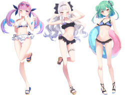  3girls ahoge anchor_ornament anklet arched_bangs bare_shoulders bikini black_bikini blue_footwear blue_hair blue_nails blue_ribbon blunt_bangs blush bow bow_bikini braid breasts closed_mouth collarbone colored_inner_hair commentary_request double_v drill_hair feet_up fingernails flat_chest frilled_bikini frills full_body gradient-tinted_eyewear green_hair grey-framed_eyewear grey_hair hair_ornament hair_ribbon hairband halterneck heart heart-shaped_eyewear hololive jewelry kurono_yuzuko large_breasts leg_up light_blue_hair long_hair looking_at_viewer medium_hair midriff minato_aqua multicolored_hair multiple_girls murasaki_shion nail_polish navel o-ring o-ring_bikini o-ring_top one_eye_closed pink-tinted_eyewear pink_eyes pink_hair purple-tinted_eyewear purple_nails red_eyes ribbon sandals side-tie_bikini_bottom simple_background small_breasts smile solo standing standing_on_one_leg stomach streaked_hair string_bikini sunglasses swimsuit thigh_strap thighs tinted_eyewear toenail_polish toenails toes twin_drills twintails two-tone_hair uruha_rushia v virtual_youtuber white_background white_bikini yellow_eyes 