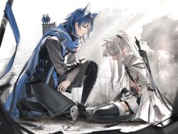  1boy animal_ear_fluff animal_ears arknights black_gloves blood_on_stomach blue_eyes blue_hair blue_scarf bow_(weapon) female gloves hand_on_own_stomach hatsumi0515 highres horse_boy horse_ears horse_girl kneeling long_hair long_sleeves looking_at_another looking_down partially_fingerless_gloves platinum_(arknights) roy_(arknights) scarf short_hair shorts sitting thighhighs wariza weapon white_hair white_shorts 