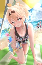  &gt;_&lt; 3girls beach beach_towel beach_umbrella bikini bikini_skirt black_shorts blonde_hair blue_eyes blue_skirt breasts cleavage commentary_request crazy_straw dragging drink drinking_straw green_eyes grey_hair hair_ornament hair_wings heart_straw highres hololive hololive_summer_2023_swimsuit incoming_drink kazama_iroha layered_bikini leaf_hair_ornament long_hair medium_breasts medium_hair multicolored_hair multiple_girls official_alternate_costume pika_suke pink_hair pointing ponytail sakamata_chloe short_hair shorts skirt solo_focus streaked_hair striped_bikini striped_clothes swimsuit takane_lui towel umbrella virtual_youtuber white_bikini 