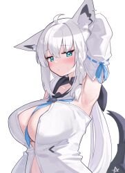  absurdres ahoge animal_ear_piercing animal_ears aqua_eyes arm_up armpits blue_neckerchief blush braid breasts closed_mouth commentary_request deaver detached_sleeves female fox_ears fox_girl fox_tail hair_between_eyes highres hololive hood hood_down large_breasts long_hair looking_at_viewer low_ponytail neckerchief neckerchief_between_breasts paid_reward_available shirakami_fubuki shirakami_fubuki_(1st_costume) shirt simple_background single_braid solo strapless strapless_shirt tail upper_body virtual_youtuber white_background white_hair white_hood white_shirt 