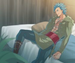  bara blue_hair clothing dragon_quest dragon_quest_xi erik_(dq11) hairy_chest male male_only manly muscular_male nukobaooo pecs 