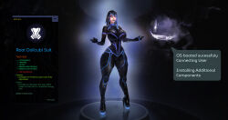  armwear artificial_intelligence big_breasts black_clothing black_skinsuit blue_hair boots breasts clothing convolute dark_background description digital_creature female footwear gloves glowing glowing_body hair handwear hi_res high_heels human humanoid latex latex_clothing legwear mammal nanite nanites shoes sinister_smile skinsuit squel standing tight_clothing wide_hips 