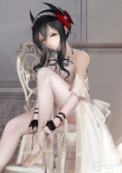  absurdres adjusting_footwear arknights artist_logo artist_name ballerina ballet ballet_slippers bare_shoulders black_gloves black_hair black_hairband black_nails bow bow_hairband bowtie brown_eyes dance_studio female fingerless_gloves gloves hairband highres ines_(arknights) looking_at_viewer nail_polish on_chair pantyhose red_bow sitting solo tenmu_miyabi thighhighs white_pantyhose white_thighhighs 