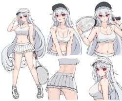  absurdres alternate_costume arknights ass breasts cleavage closed_mouth commentary cross-laced_footwear female from_side gongbangmanchi_(daisy_cutter) grey_hair highres holding_tennis_racket large_breasts long_hair miniskirt multiple_views open_mouth panties panty_peek pleated_skirt racket red_eyes skirt smile specter_(arknights) sports_bra tennis_racket underwear very_long_hair visor_cap white_footwear white_skirt white_sports_bra white_wristband 