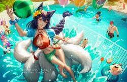  1other 4boys 4girls ahri_(league_of_legends) alternate_costume animal_ear_fluff animal_ears artist_name ball bikini black_bikini black_gloves black_hair black_hairband black_shorts blonde_hair blue_scrunchie blue_shirt braid braided_ponytail breasts brown_bikini character_request cleavage coconut_cup collarbone commentary cropped_shirt english_commentary facial_mark fingerless_gloves flower fox_ears fox_girl fox_tail full_body gloves green_sarong hair_flower hair_ornament hairband hand_up jumping kitsune league_of_legends looking_at_object lux_(league_of_legends) male_swimwear medium_breasts mermaid monster_girl multiple_boys multiple_girls multiple_tails muscular muscular_male nami_(league_of_legends) navel neeko_(league_of_legends) o-ring o-ring_top one-piece_swimsuit outdoors pool poro_(league_of_legends) puffy_short_sleeves puffy_sleeves purple_hair purple_one-piece_swimsuit red_bikini red_eyes red_hair red_shorts sarong scrunchie sett_(league_of_legends) shirt short_sleeves shorts solo_focus splashing stomach swim_ring swim_trunks swimsuit tail volleyball_(object) wading water_volleyball web_address wrist_scrunchie zarory 