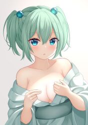  :o armpit_crease bare_shoulders blue_eyes blush breasts bright_pupils cleavage collarbone commentary eyelashes female green_hair grey_background hair_between_eyes hair_bobbles hair_ornament hands_up highres japanese_clothes kimono kisume looking_at_viewer medium_breasts medium_hair no_bra open_clothes open_kimono open_mouth sidelighting simple_background solo suigetsu_(watermoon-910) touhou tsurime twintails undressing upper_body white_kimono 