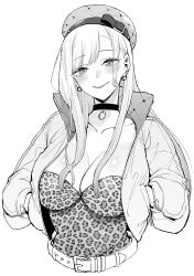  absurdres azukiko black_choker blonde_hair blush breasts choker cleavage colored_tips ear_piercing earrings female gyaru highres jewelry kitagawa_marin large_breasts long_hair looking_at_viewer monochrome multicolored_hair piercing red_eyes smile solo sono_bisque_doll_wa_koi_wo_suru 