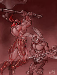  anthro armor axe battle battle_axe bottomwear clothed clothing cronn_(lapinbeau) digital_media_(artwork) duo fight fur hair headgear helmet holding_object holding_weapon horn humanoid lagomorph lapinbeau leporid loincloth loincloth_only male mammal melee_weapon muscular muscular_anthro muscular_male not_furry pecs rabbit rabbit_ears red_eyes simple_background teeth topless weapon 