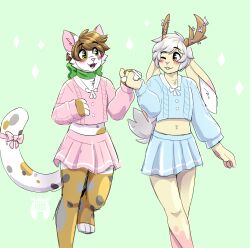  2019 anthro antlers biped blush bottomwear bow_ribbon brown_hair clothed clothing crop_top crossdressing duo ears_down felid feline femboy fleur_(fleurfurr) fleurfurr fur green_eyes grey_body grey_ears grey_fur grey_tail hair hand_holding hi_res horn inner_ear_fluff jackalope lagomorph lawrence_lux looking_at_another male mammal midriff multi_tone_tail multicolored_body multicolored_ears multicolored_fur one_eye_closed open_mouth orange_body orange_ears orange_fur orange_tail pawpads pink_body pink_ears pink_fur pink_nose pink_pawpads pivoted_ears raised_leg shirt skirt tail topwear tuft two_tone_body two_tone_ears two_tone_fur white_body white_fur white_hair white_inner_ear white_tail yellow_body yellow_ears yellow_eyes yellow_fur 