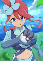  absurdres blue_eyes clenched_hand closed_mouth cloud commentary_request cropped_jacket day falling_leaves female gloves grass hair_ornament hand_up highres holding holding_poke_ball jacket leaf midriff navel one_side_up outdoors poke_ball poke_ball_(basic) pokemon pokemon_bw sakunaru sidelocks sky skyla_(pokemon) smile solo split_mouth water 