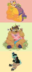  2015 2n2n aisha_(neopets) ambiguous_gender anthro brown_body brown_fur female flower fur grarrl grass group hi_res ixi_(neopets) neopet_(species) neopets plant sitting trio yellow_body yellow_skin 