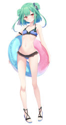  alternate_costume bikini blush breasts collarbone commentary_request female fingernails full_body green_hair hair_ornament highres hololive kurono_yuzuko looking_at_viewer medium_hair red_eyes sandals small_breasts solo standing swimsuit toenails uruha_rushia virtual_youtuber white_background 