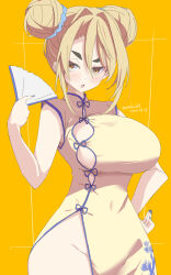  artist_name blonde_hair blue_nails breasts character_request copyright_request covered_navel dated double_bun dress female fingernails hair_between_eyes hair_bun hand_fan highres holding holding_fan kichihachi large_breasts looking_at_viewer nail_polish open_mouth orange_background print_dress sidelocks sleeveless sleeveless_dress solo thick_eyebrows thighs virtual_youtuber yellow_dress yellow_eyes 