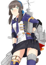  absurdres black_gloves black_hair black_skirt blue_ribbon blue_shirt blue_thighhighs female gloves grey_hair hair_ribbon hand_on_own_hip highres kantai_collection long_hair machinery military_uniform mogador_(kancolle) pleated_skirt ribbon shirt sidelocks simple_background skirt smokestack solo subaru_izumi thighhighs uniform white_background 