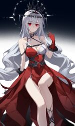  2sankta absurdres arknights bare_shoulders breasts cleavage closed_mouth collarbone commentary_request crown dress feet_out_of_frame female gloves grey_hair hair_between_eyes halter_dress halterneck hand_up highres light_smile long_hair looking_at_viewer medium_breasts official_alternate_costume pelvic_curtain red_dress red_eyes red_gloves revision side_slit sitting skadi_(arknights) skadi_the_corrupting_heart_(arknights) skadi_the_corrupting_heart_(red_countress)_(arknights) solo strap 