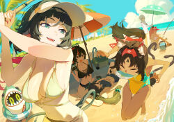  6+girls absurdres anby_demara beach bikini black_hair blue_sky blunt_bangs breasts camera cleavage_cutout closed_eyes clothing_cutout fingernails fish green_hair hairband highres holding holding_camera ibaraki_shun jane_doe_(zenless_zone_zero) large_breasts long_hair looking_at_another looking_back lying multicolored_hair multiple_girls nail_polish nekomiya_mana nicole_demara ocean on_back on_lap open_clothes outdoors pink_hair qingyi_(zenless_zone_zero) red_nails sandals short_hair sidelocks sitting sky smile standing streaked_hair swimsuit thighs two-tone_hair weapon weapon_on_back white_hair zenless_zone_zero zhu_yuan 