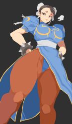  absurdres bamman brown_hair capcom chun-li female forehead hand_on_own_hip highres looking_at_viewer pantyhose simple_background solo standing street_fighter thighs 