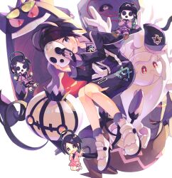  1boy ahoge allister_(pokemon) black_hair black_shorts chandelure crossdressing cursola dusknoir gengar gigantamax_gengar highres holding holding_mask male_focus mask multiple_views nagatsukiariake nervous pink_skirt pokemon pokemon_(creature) pokemon_swsh purple_eyes runerigus shorts skirt sunglasses white_footwear 