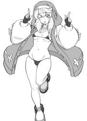  1boy ;p bikini breasts bridget bulge collarbone commentary_request fingerless_gloves gloves greyscale guilty_gear guilty_gear_strive hair_between_eyes henyaan_(oreizm) highres hood hooded_jacket index_fingers_raised jacket leg_up looking_at_viewer male_with_breasts medium_hair micro_bikini monochrome navel one_eye_closed shoes skindentation small_breasts solo stomach swimsuit tongue tongue_out 