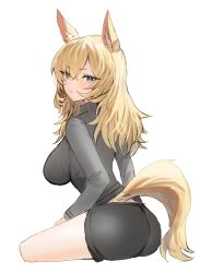  absurdres alternate_costume animal_ears arknights ass black_shorts blonde_hair blue_eyes blush commentary_request crossed_bangs female from_behind grey_shirt highres horn/wood horse_ears horse_girl horse_tail long_hair long_sleeves looking_at_viewer shirt shorts simple_background sitting solo tail turtleneck turtleneck_shirt whislash_(arknights) white_background 