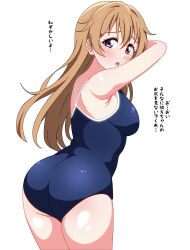  absurdres armpits ass blue_one-piece_swimsuit breasts competition_school_swimsuit cowboy_shot female from_behind highres konoe_kanata light_brown_hair long_hair looking_at_viewer looking_back love_live! love_live!_nijigasaki_high_school_idol_club medium_breasts one-piece_swimsuit purple_eyes school_swimsuit shinonome_sakura solo swimsuit translated 