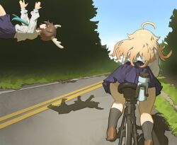  2girls absurdres ahoge antlers bicycle black_socks blonde_hair blue_skirt bottle brown_footwear brown_hair commentary day deer_antlers deer_girl falling forest grass green_necktie highres horns koshi_torako long_hair multiple_girls nature necktie outdoors pacpoi photo-referenced riding riding_bicycle road school_uniform shikanoko_noko shikanoko_nokonoko_koshitantan shirt shoes skirt socks symbol-only_commentary traditional_media tree water_bottle white_shirt 