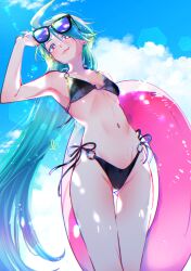  absurdres adjusting_eyewear antenna_hair bikini black_bikini cloud cloudy_sky collarbone day female green_hair highres holding holding_swim_ring lens_flare long_hair looking_at_viewer navel o-ring o-ring_bikini o-ring_top outdoors pink_innertube pokemon pokemon_sv punta rika_(pokemon) side-tie_bikini_bottom sky solo standing sunglasses swim_ring swimsuit thigh_gap tinted_eyewear tongue tongue_out very_long_hair very_long_ponytail water_drop wet 