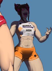  2024_summer_olympics 2girls abs black_hair black_nails blue_background curled_fingers english_commentary fangs glowing glowing_eyes hair_horns highres juri_han midriff monster_wolf multiple_girls nail_polish olympics open_mouth purple_eyes race_bib shorts smile solo_focus south_korean_flag street_fighter street_fighter_6 teeth tongue tongue_out unfinished upper_teeth_only yellow_shorts 