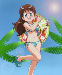  bikini blue_bikini blue_eyes blush_stickers brown_hair collarbone crocs female halterneck highres holding holding_swim_ring lens_flare long_hair looking_at_viewer mizutani_kenta navel open_mouth original outdoors palm_tree side-tie_bikini_bottom sky solo standing standing_on_one_leg striped_bikini striped_clothes sun sunlight swim_ring swimsuit tree two-tone_bikini white_bikini 