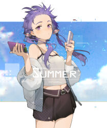  bare_shoulders black_skirt camisole chromatic_aberration closed_mouth cloud commentary cowboy_shot dot_mouth english_text female floating_hair forehead hair_tubes highres holding holding_phone jacket looking_at_viewer midriff miniskirt navel off_shoulder phone purple_eyes purple_hair romaji_text shirinda_fureiru short_hair_with_long_locks sidelocks skirt sky solo standing sweat translated vocaloid voiceroid white_camisole white_jacket wind yuzuki_yukari 