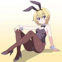  animal_ears black_bow black_bowtie black_footwear black_leotard black_pantyhose blonde_hair bow bowtie breasts crossed_legs detached_collar fake_animal_ears female gochuumon_wa_usagi_desu_ka? gradient_background high_heels highres jinja_natsume leotard medium_breasts pantyhose playboy_bunny purple_eyes rabbit_ears rabbit_tail sakuzo short_sleeves sitting smile solo split_mouth strapless strapless_leotard tail wrist_cuffs yellow_background 